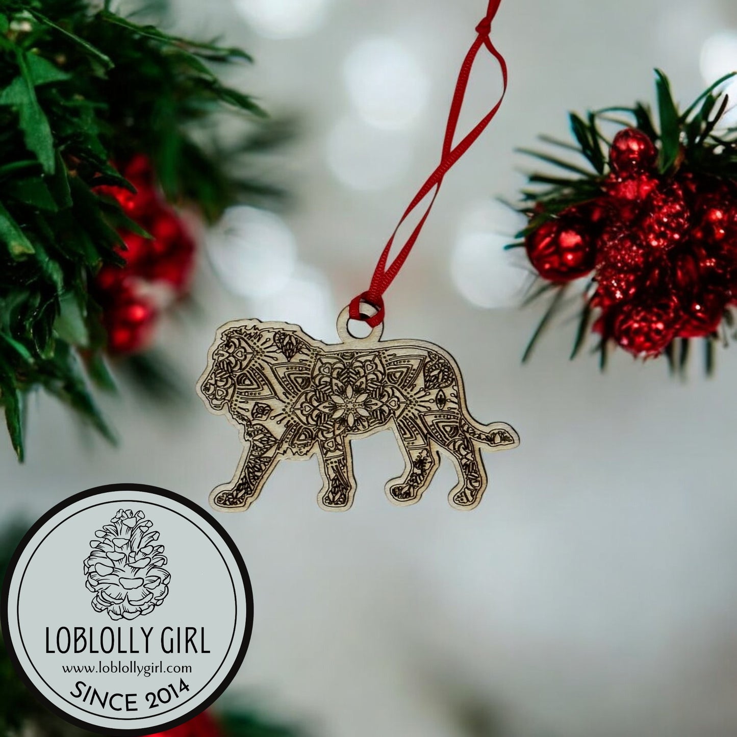 Father Figure: Strong Protective Mandala Wooden Lion Gift, Family Christmas Ornament & Car Charm for Dad