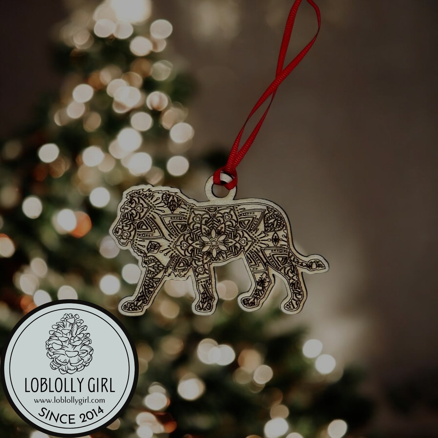 Father Figure: Strong Protective Mandala Wooden Lion Gift, Family Christmas Ornament & Car Charm for Dad