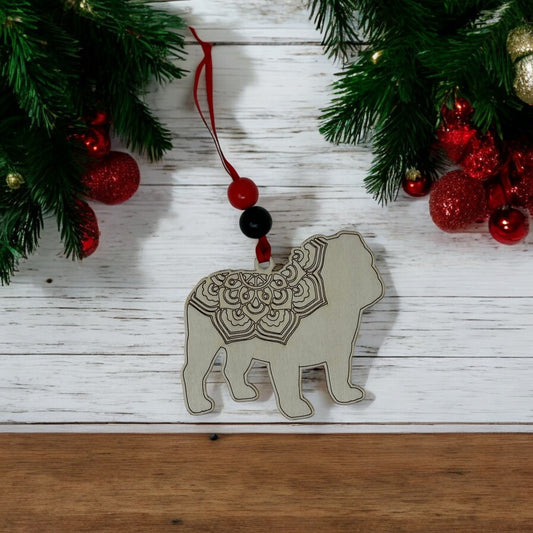 Bulldog Ornament | Handcrafted Wooden Dog Gift Keepsake | Rainbow Bridge Memorial Carved Design