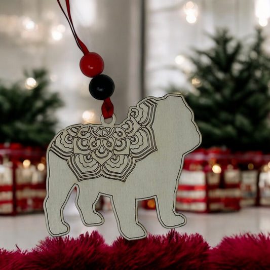 Wooden Bulldog Memorial Ornament Carved mandala design.  Hangs on a red ribbon with 2 beads red and black.