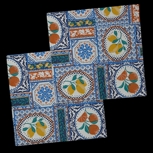 Mediterranean Tile Decoupage Napkins – Luncheon Size Citrus & Blue Pattern (Set of 2, 3-Ply)