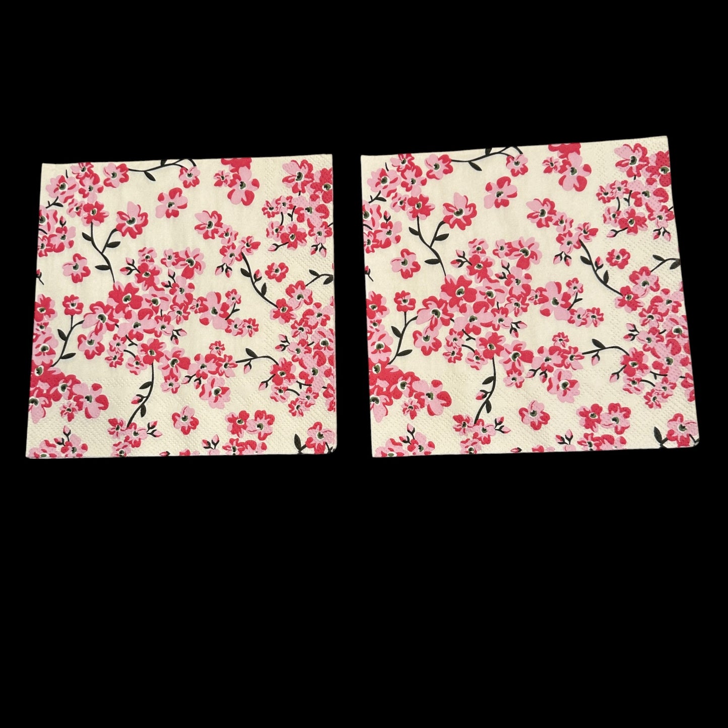 Two Luncheon size decoupage napkin with pink cherry blossom flowers and black branches on a white background, ideal for spring floral craft projects.