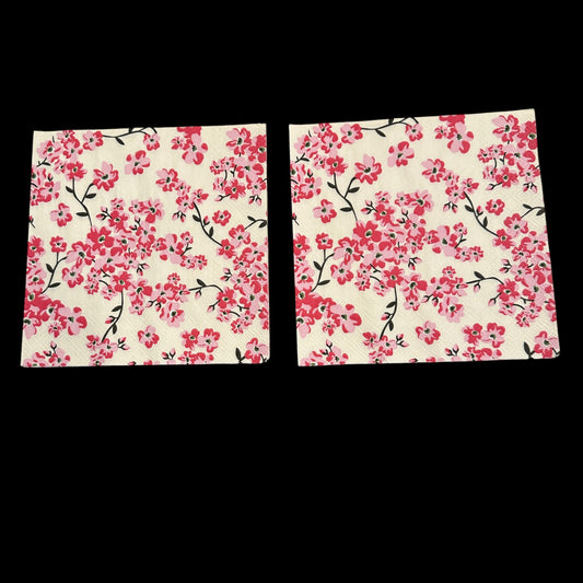 Two Luncheon size decoupage napkin with pink cherry blossom flowers and black branches on a white background, ideal for spring floral craft projects.