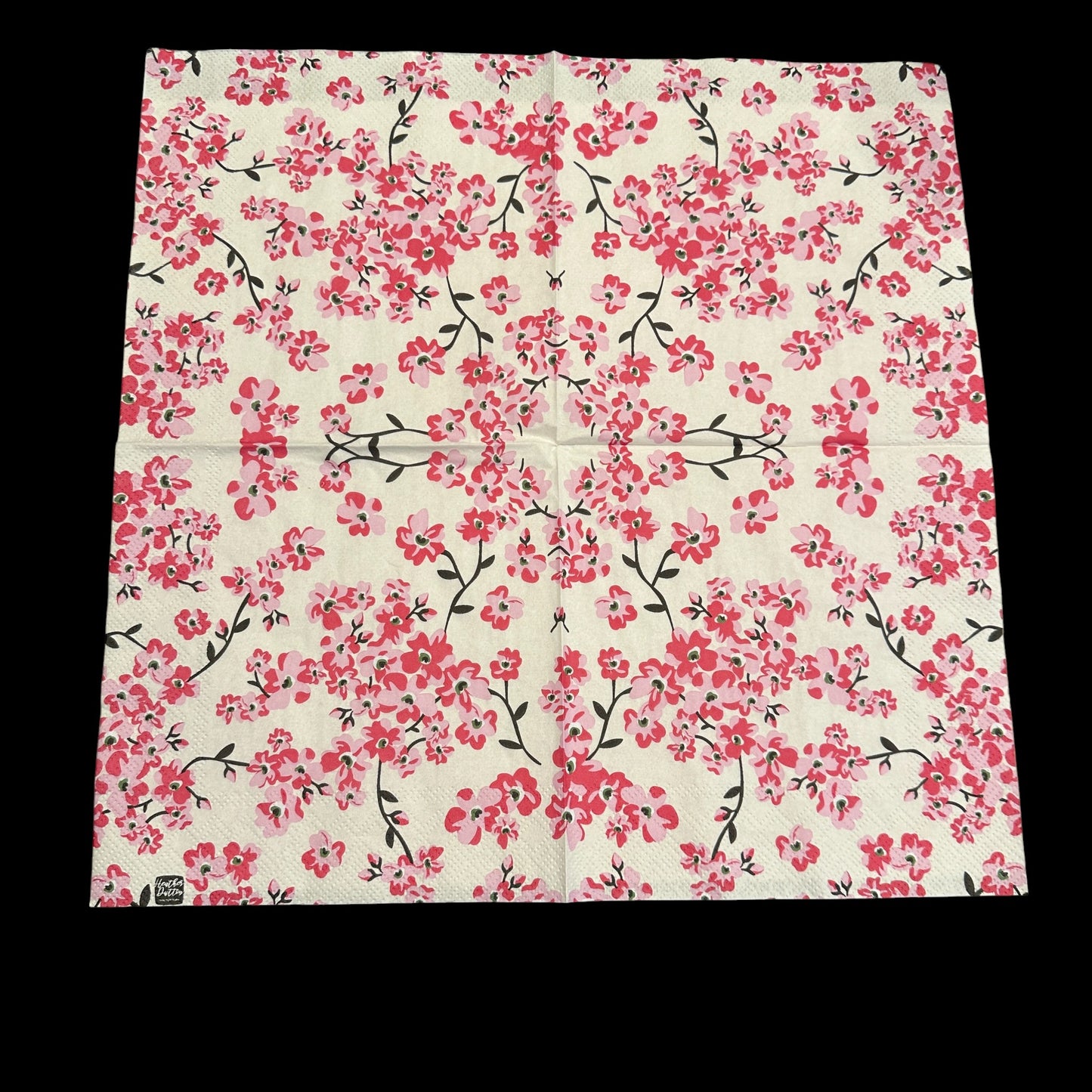Unfolded Luncheon size decoupage napkin with pink cherry blossom flowers and black branches on a white background, ideal for spring floral craft projects.