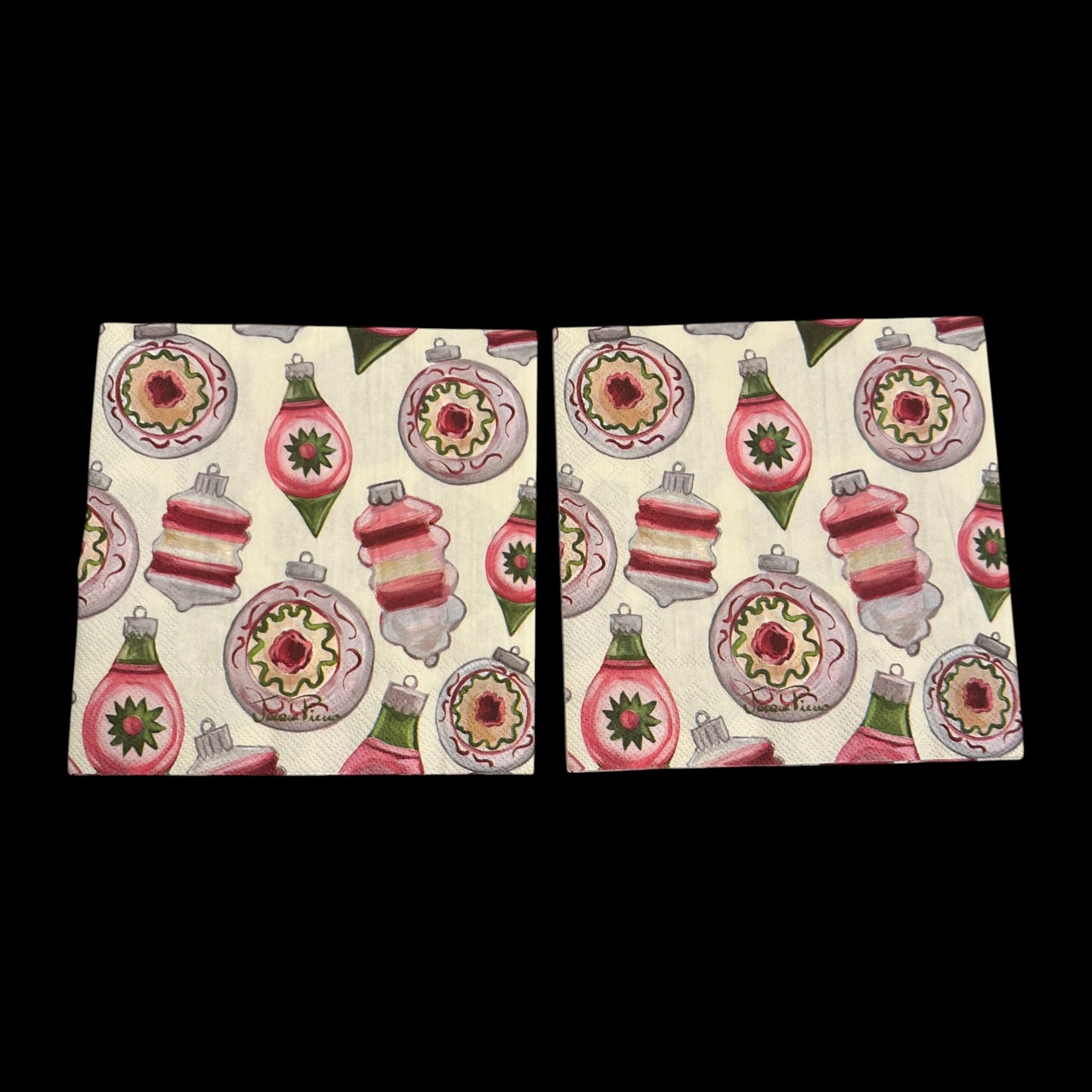 Two Luncheon size decoupage napkin featuring red, green, and white vintage glass ornaments with retro holiday designs for Christmas crafts and decor.
