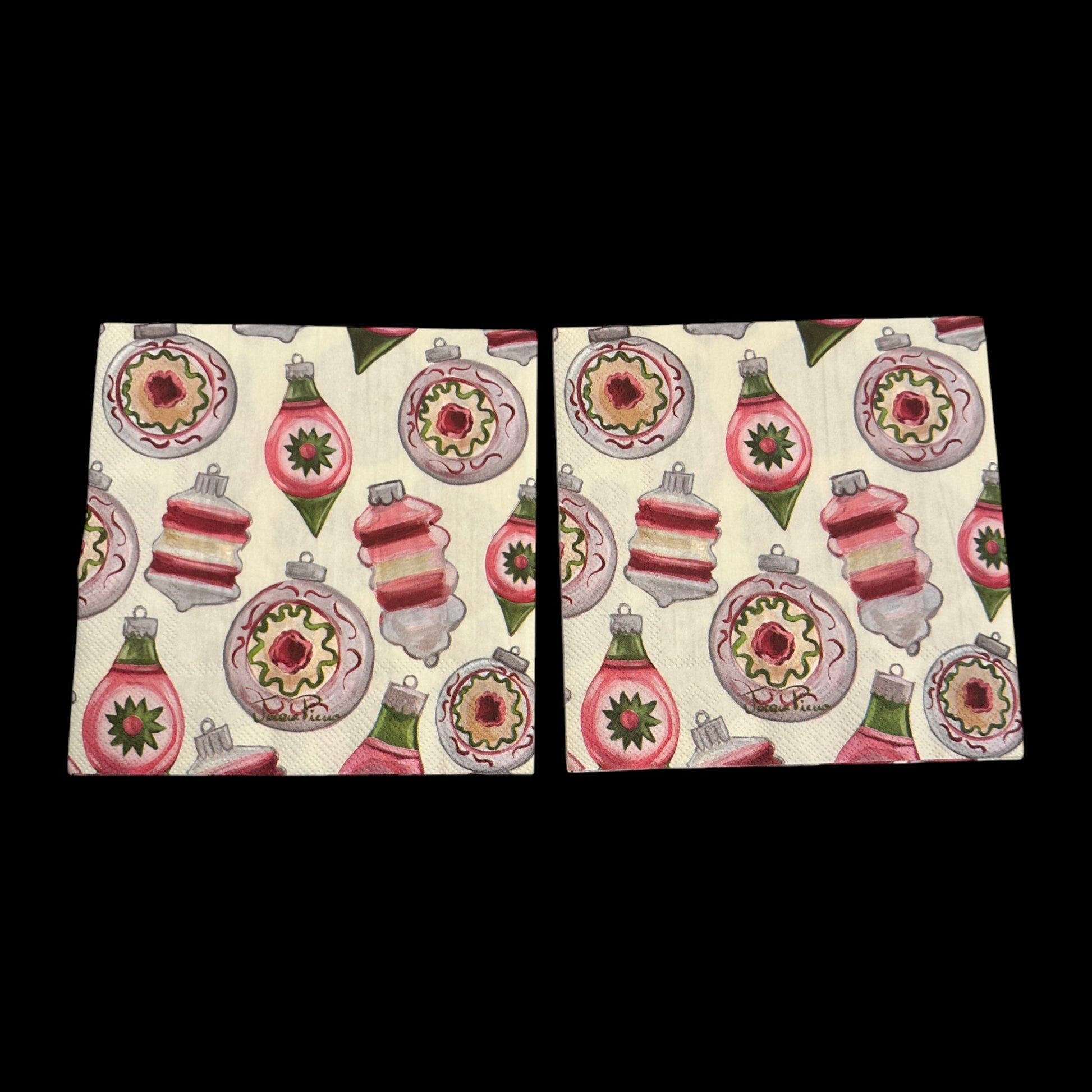 Two Luncheon size decoupage napkin featuring red, green, and white vintage glass ornaments with retro holiday designs for Christmas crafts and decor.
