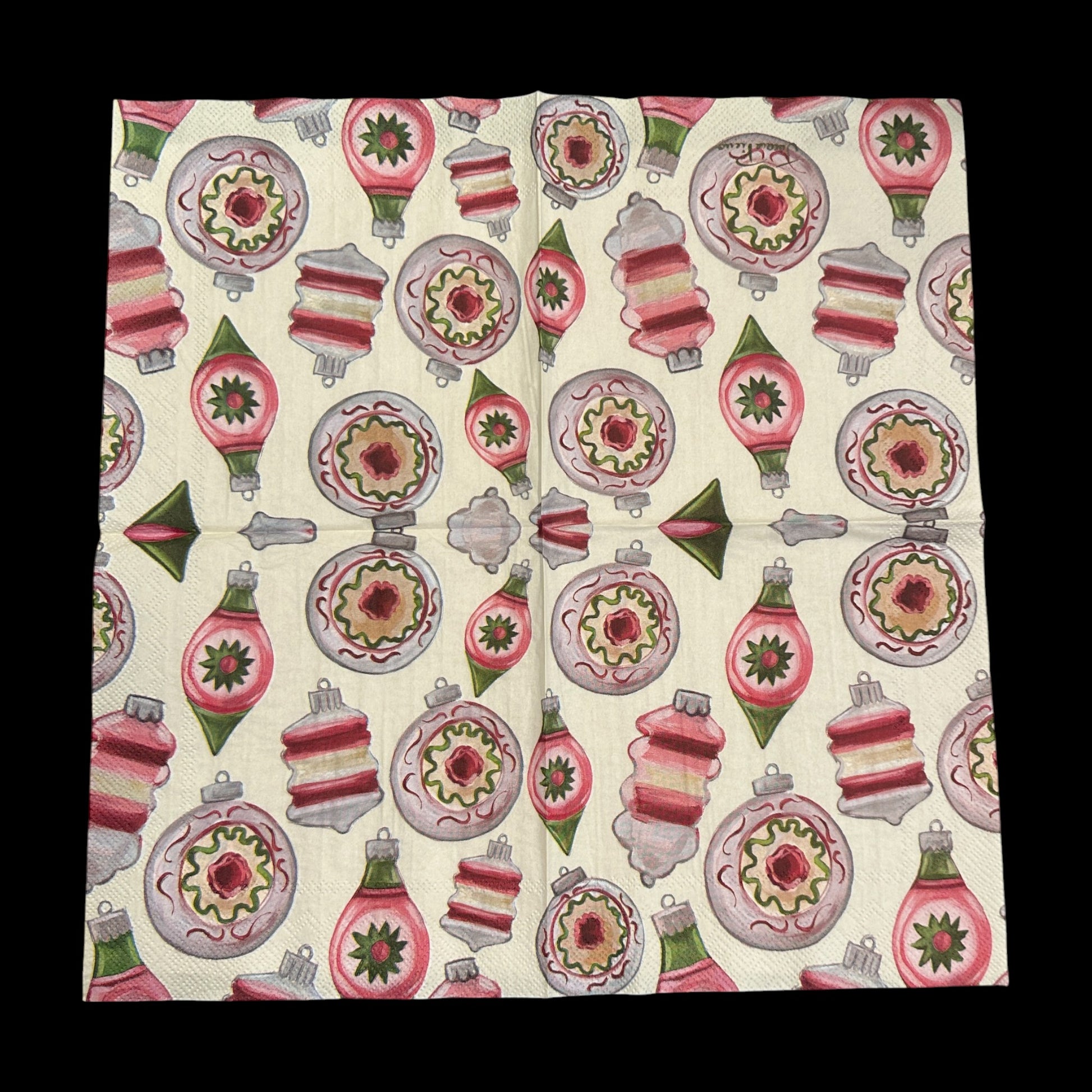 Unfolded Luncheon size decoupage napkin featuring red, green, and white vintage glass ornaments with retro holiday designs for Christmas crafts and decor.