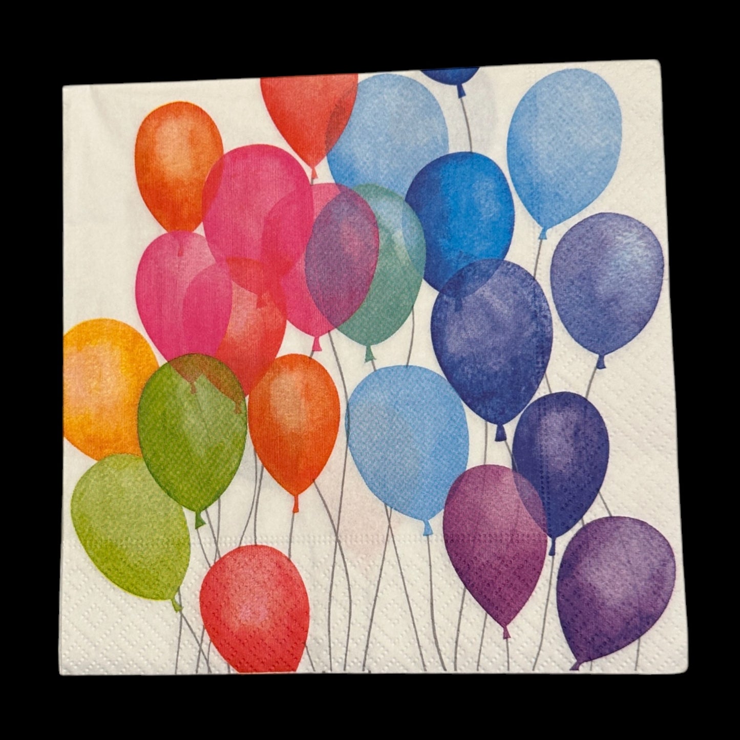 Luncheon size decoupage napkin featuring colorful balloons in red, orange, green, blue, and purple for birthday, party, and celebration crafts.