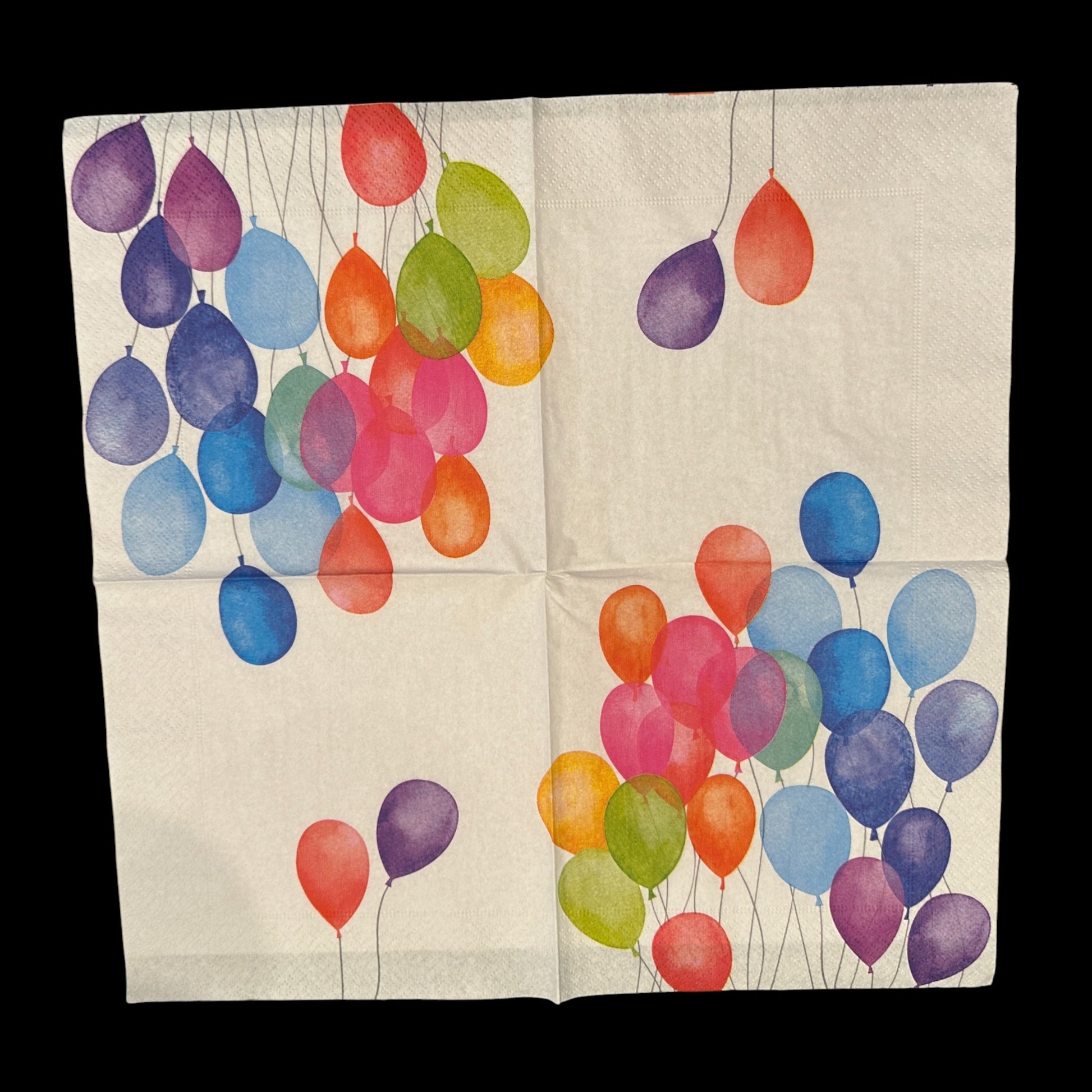 Unfolded Luncheon size decoupage napkin featuring colorful balloons in red, orange, green, blue, and purple for birthday, party, and celebration crafts.