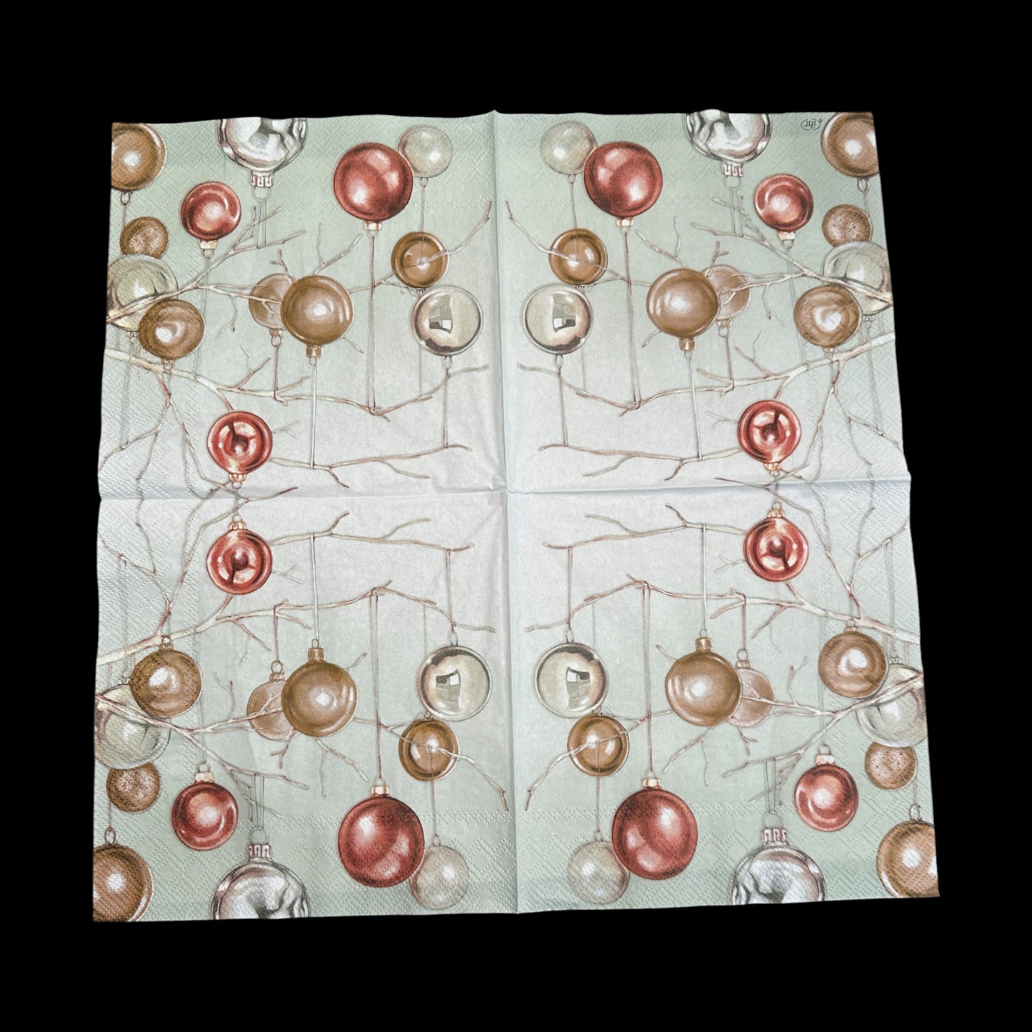 Unfolded Luncheon size decoupage napkin featuring metallic copper and gold Christmas baubles hanging from branches on a soft green background for holiday crafts.