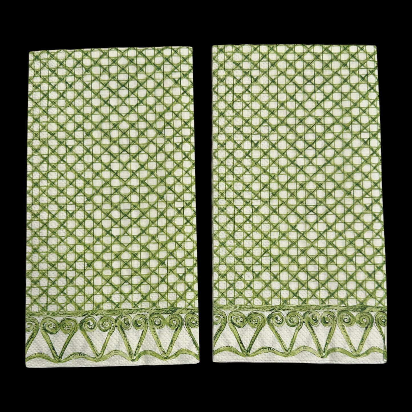 Two Guest size decoupage napkin featuring a green woven cane lattice design with scroll border for botanical crafts, nature decor, and mixed media projects.