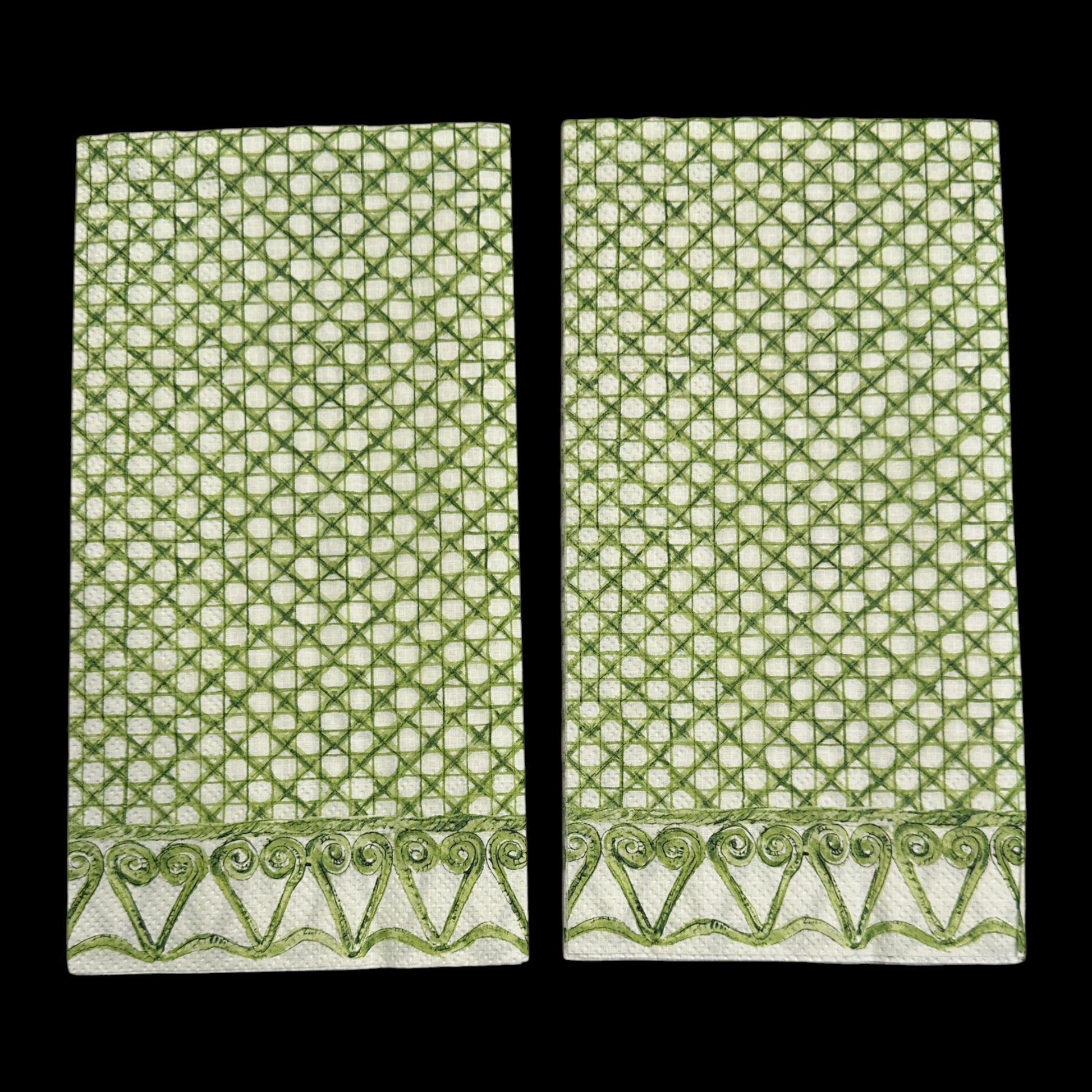 Two Guest size decoupage napkin featuring a green woven cane lattice design with scroll border for botanical crafts, nature decor, and mixed media projects.
