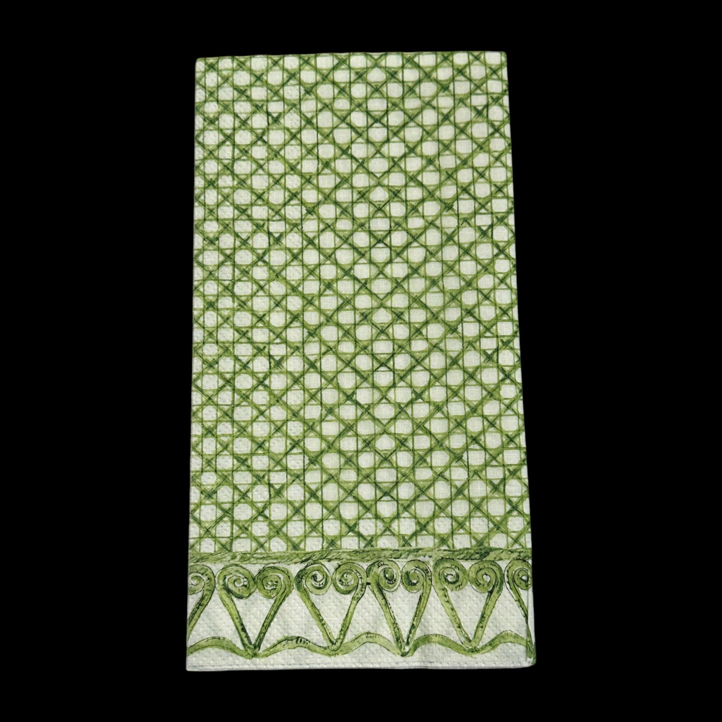 Guest size decoupage napkin featuring a green woven cane lattice design with scroll border for botanical crafts, nature decor, and mixed media projects.