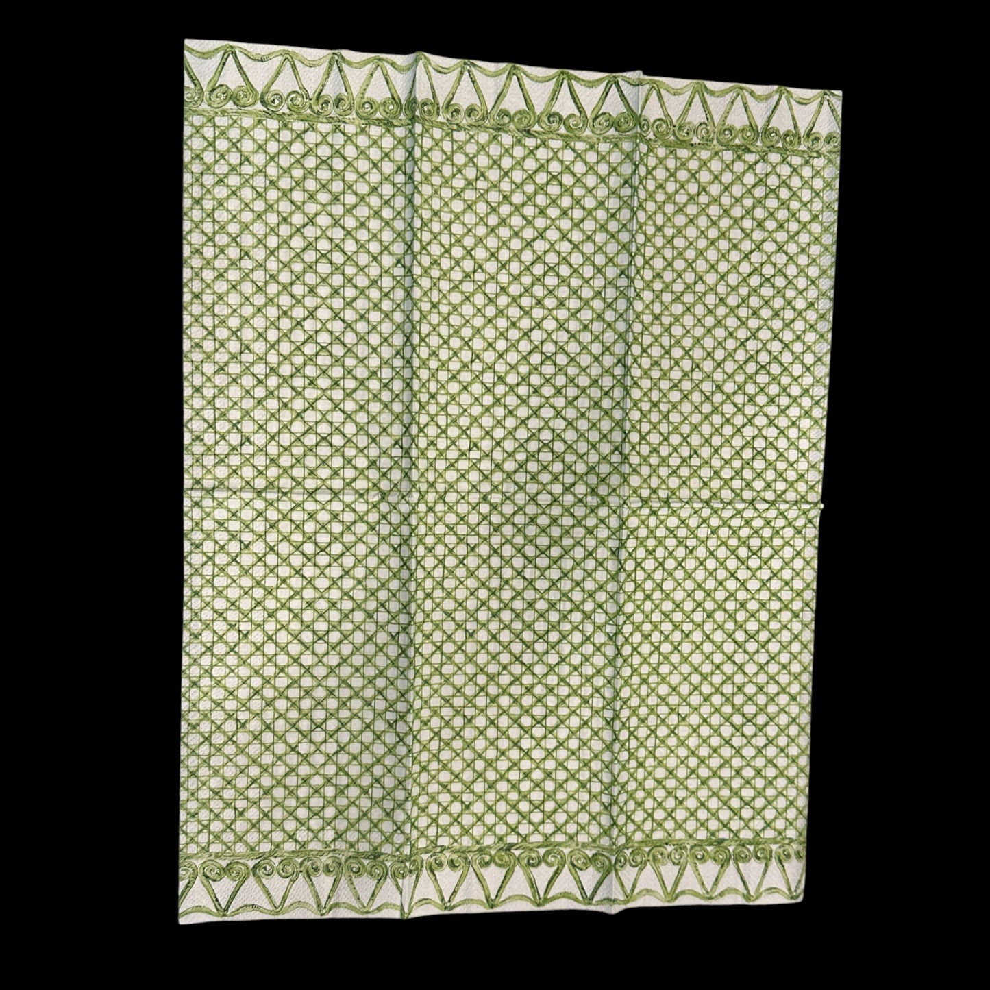 Unfolded Guest size decoupage napkin featuring a green woven cane lattice design with scroll border for botanical crafts, nature decor, and mixed media projects.