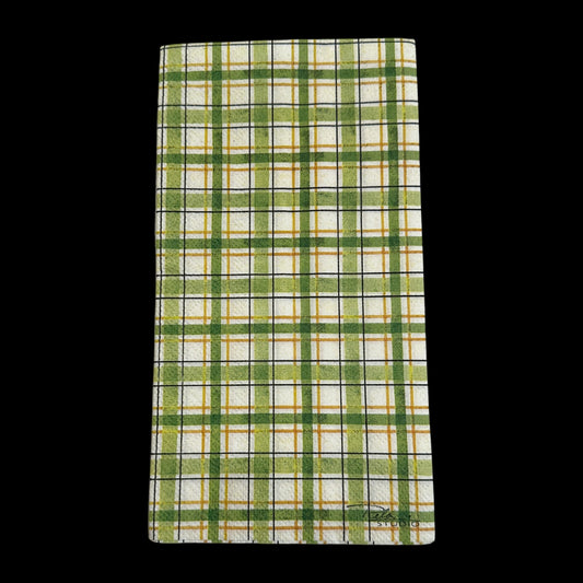 Guest size decoupage napkin featuring green, gold, and white plaid pattern—perfect for St. Patrick’s Day, spring crafts, and decoupage projects.
