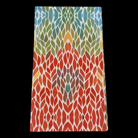 Guest size decoupage napkin featuring a rainbow mosaic leaf pattern in red, green, blue, and gold tones—perfect for colorful craft and art projects.