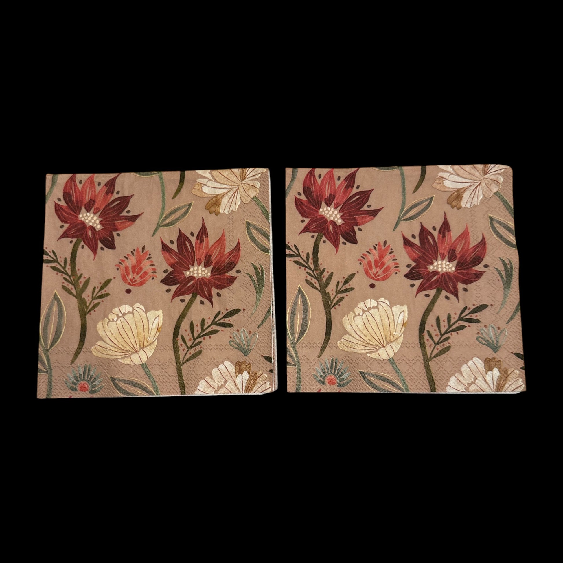 Two Cocktail size decoupage napkin with burgundy, cream, and gold flowers and greenery on a tan background, perfect for fall floral craft projects.