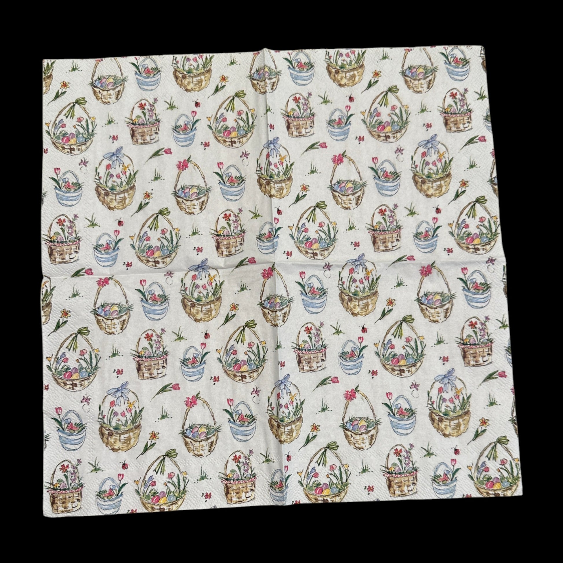 Unfolded Cocktail size decoupage napkin featuring Easter baskets filled with flowers, eggs, and ribbons on a white background for spring and Easter crafts.