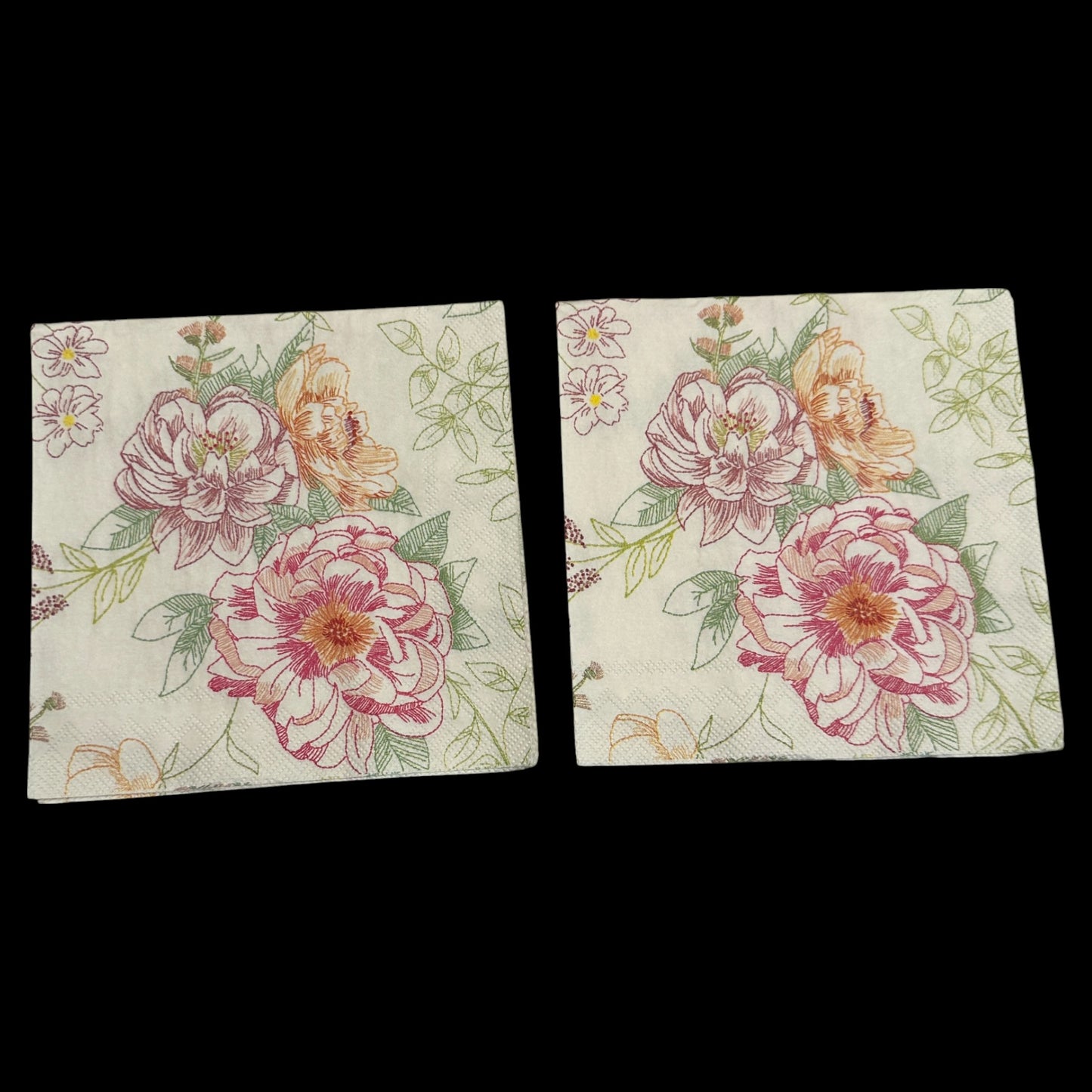 Two Cocktail size decoupage napkin with pink and orange peony flowers, green leaves, and botanical line art on a cream background for floral craft projects.