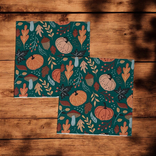 Servilletas con hojas, bayas, bellotas, calabazas, otoño, decoupage, papel de cóctel, naranja, verde y marrón