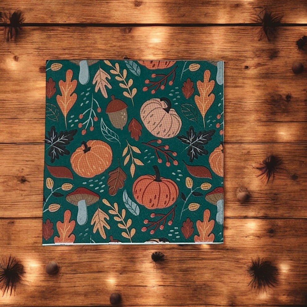 Servilletas con hojas, bayas, bellotas, calabazas, otoño, decoupage, papel de cóctel, naranja, verde y marrón