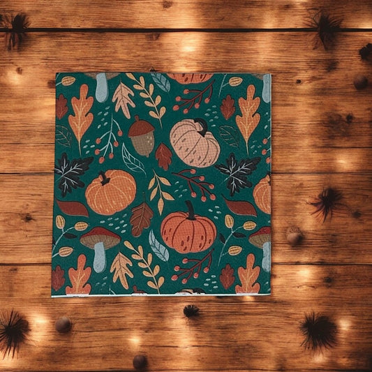 Servilletas con hojas, bayas, bellotas, calabazas, otoño, decoupage, papel de cóctel, naranja, verde y marrón