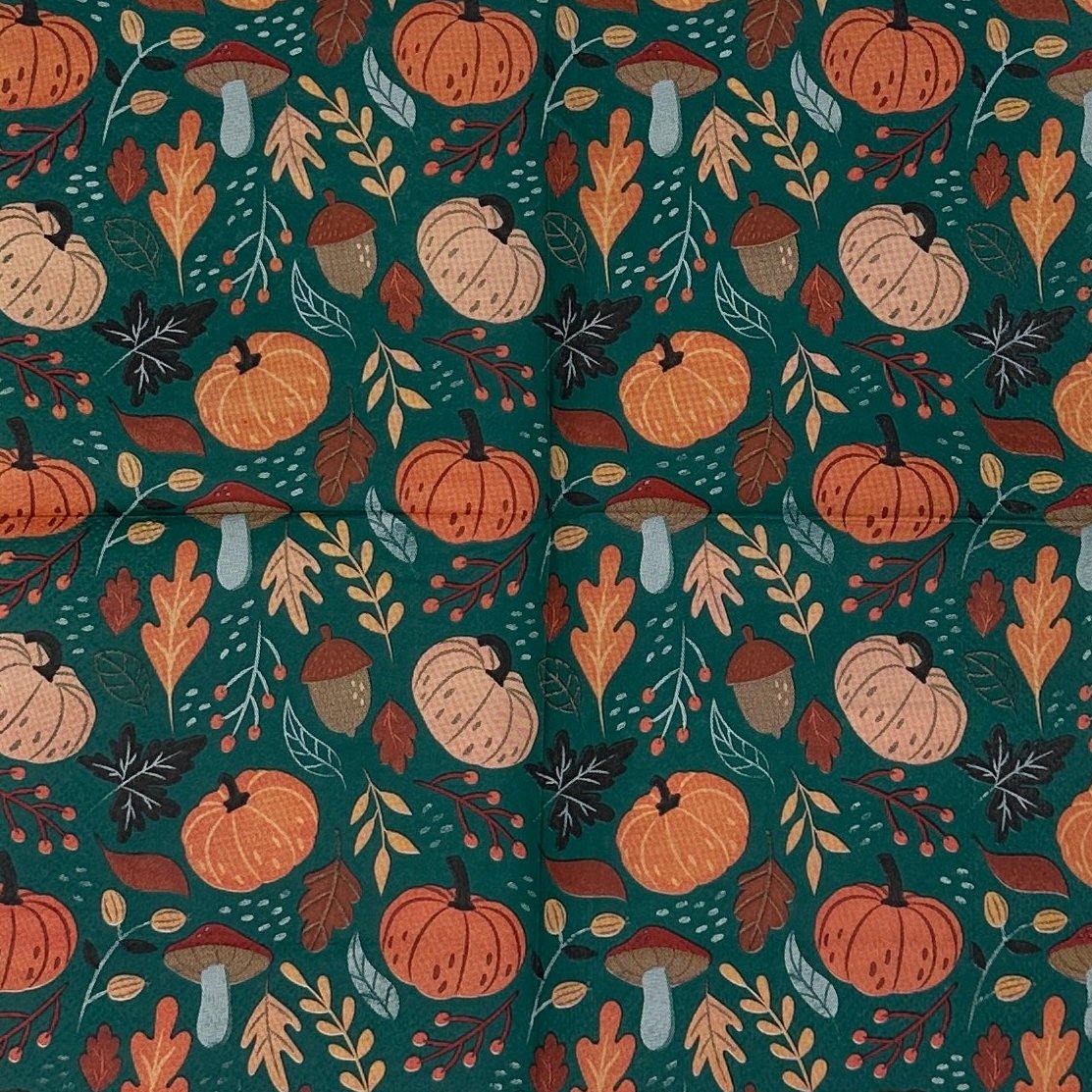 Servilletas con hojas, bayas, bellotas, calabazas, otoño, decoupage, papel de cóctel, naranja, verde y marrón