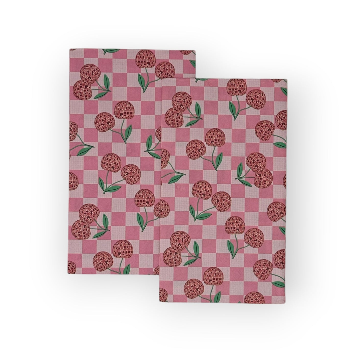 Servilletas con decoupage en forma de disco de cerezas rosas Manualidades con papel de tablero de ajedrez