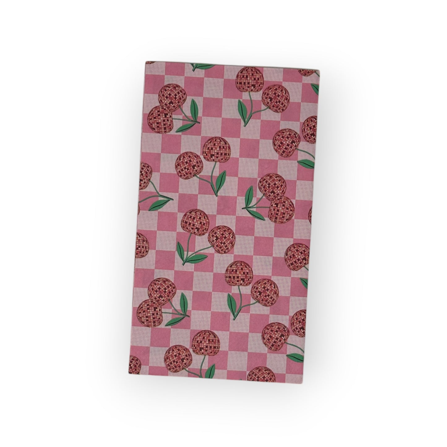 Servilletas con decoupage en forma de disco de cerezas rosas Manualidades con papel de tablero de ajedrez