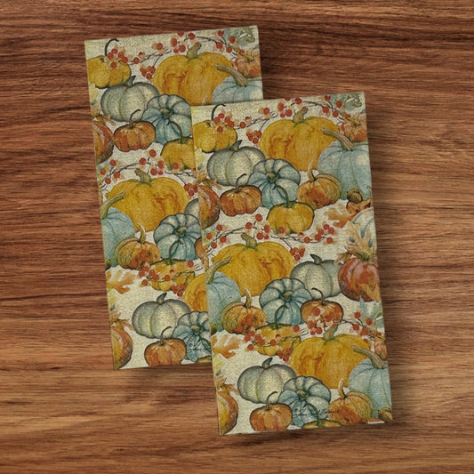 Servilletas con acuarela y diseño de calabaza para decoupage, papel para invitaciones, otoño, Acción de Gracias, naranja, amarillo, óxido y azul