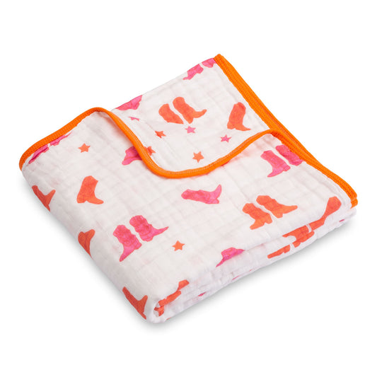 LollyBanks Muslin Baby Blanket, 100% Cotton Lightweight Baby Quilt, 47"x 47" and 6 Layers Newborn Blanket, (Pink Boot Print)