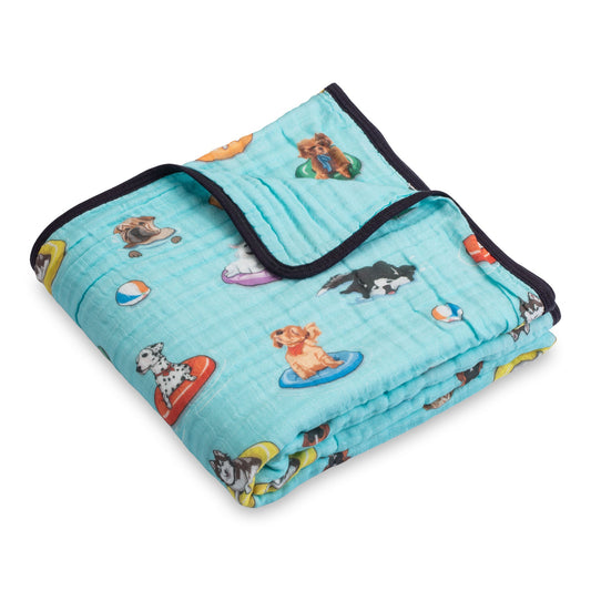 LollyBanks Muslin Baby Blanket, 100% Cotton Lightweight Baby Quilt, 47"x 47" and 6 Layers Newborn Blanket, (Swimming Dog Print)