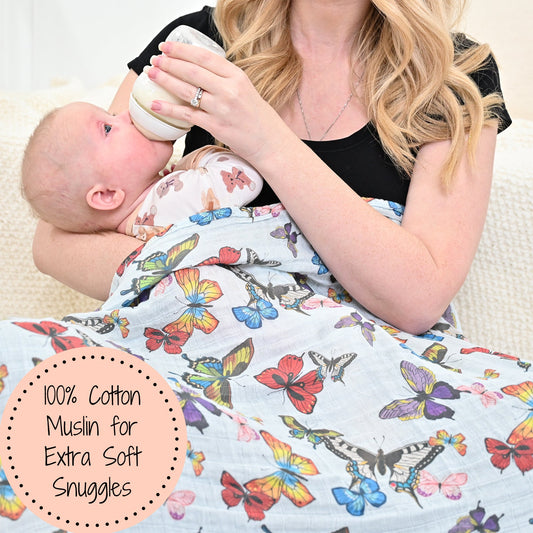 LollyBanks Muslin Swaddle Blankets, 100% Cotton Baby Blanket, 47"x 47" Newborn Swaddle Blanket, (Butterfly Print)