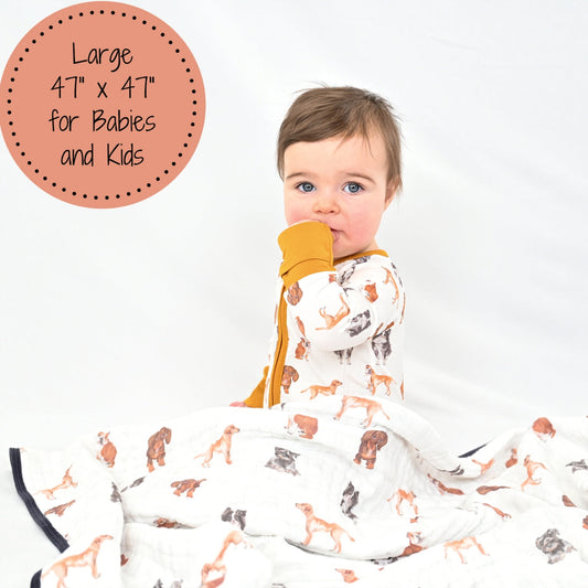 LollyBanks Muslin Baby Blanket, 100% Cotton Lightweight Baby Quilt, 47"x 47" and 6 Layers Newborn Blanket, (Puppies Print)