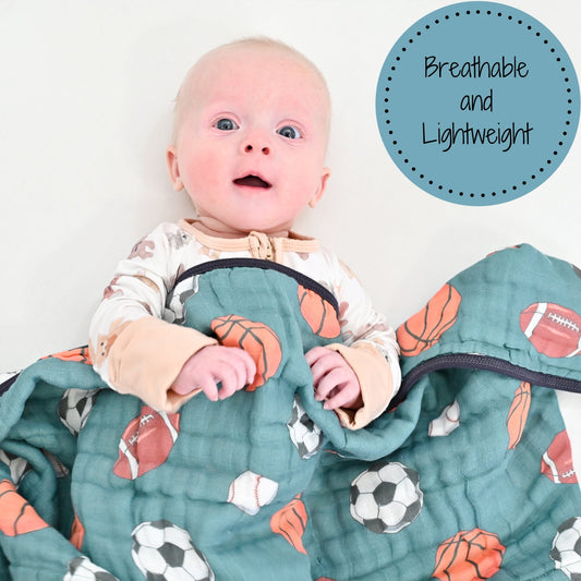 LollyBanks Muslin Baby Blanket, 100% Cotton Lightweight Baby Quilt, 47"x 47" and 6 Layers Newborn Blanket, (Sports Print)