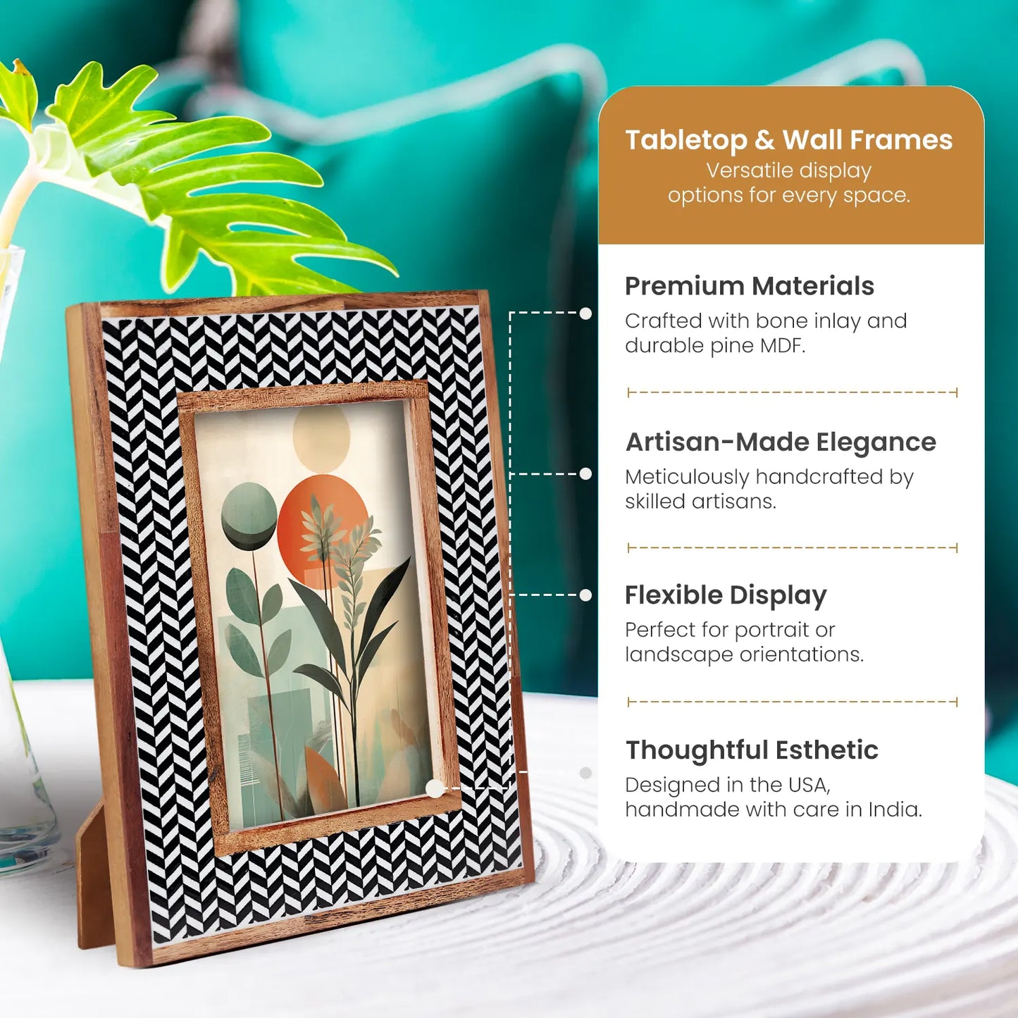 Chevron Herringbone Resin Inlay Picture Frame with Wooden Border, Black & White