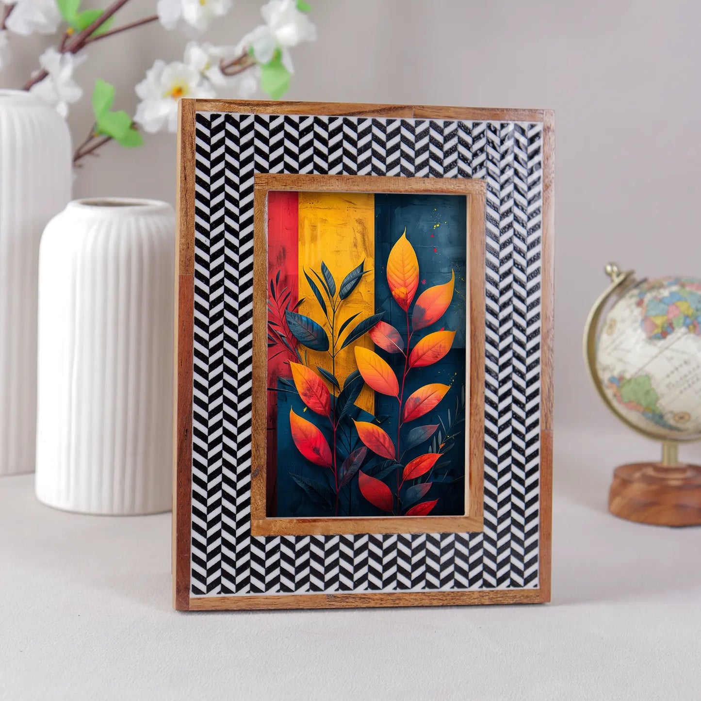Chevron Herringbone Resin Inlay Picture Frame with Wooden Border, Black & White