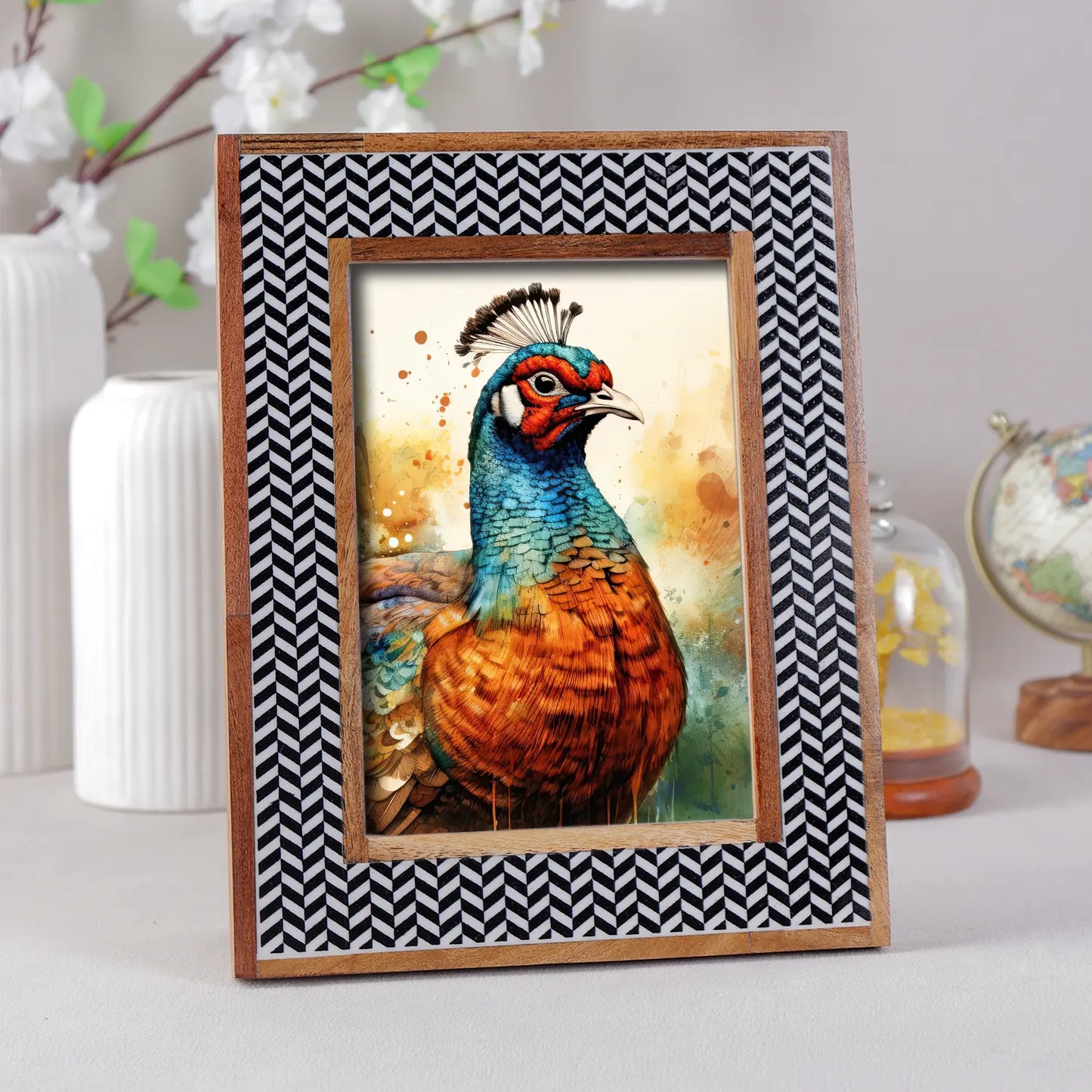 Chevron Herringbone Resin Inlay Picture Frame with Wooden Border, Black & White