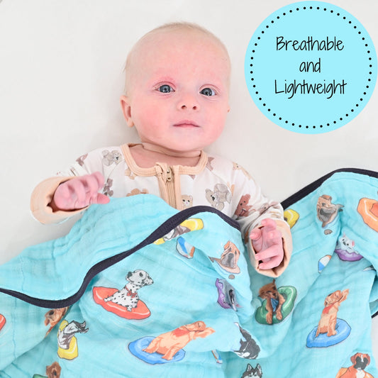 LollyBanks Muslin Baby Blanket, 100% Cotton Lightweight Baby Quilt, 47"x 47" and 6 Layers Newborn Blanket, (Swimming Dog Print)