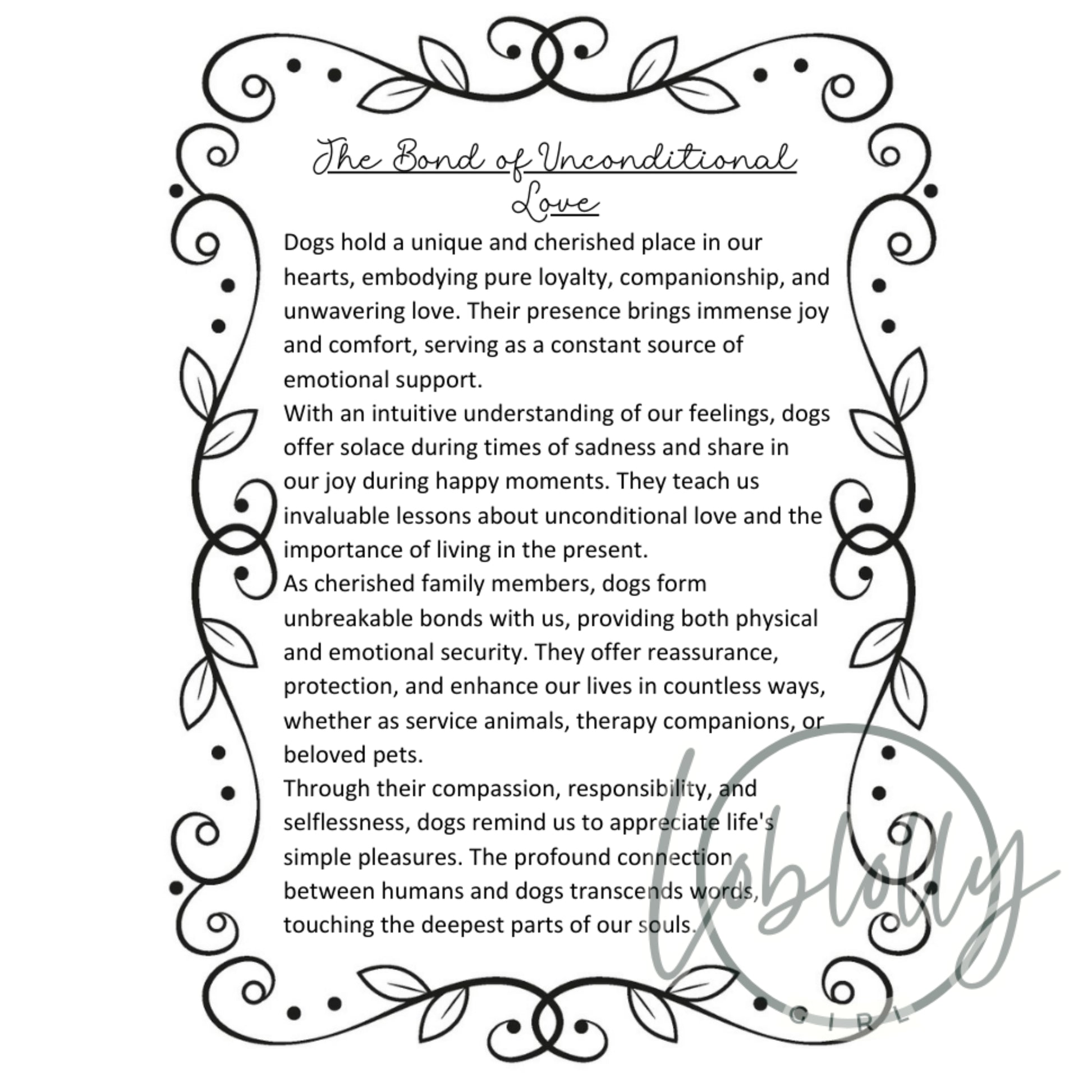 Story card included with handcrafted Dachshund ornament, sharing the meaning of unconditional love and pet remembrance.