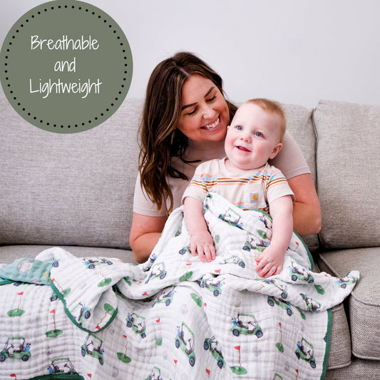 LollyBanks Muslin Baby Blanket, 100% Cotton Lightweight Baby Quilt, 47"x 47" and 6 Layers Newborn Blanket, (Golf Print)