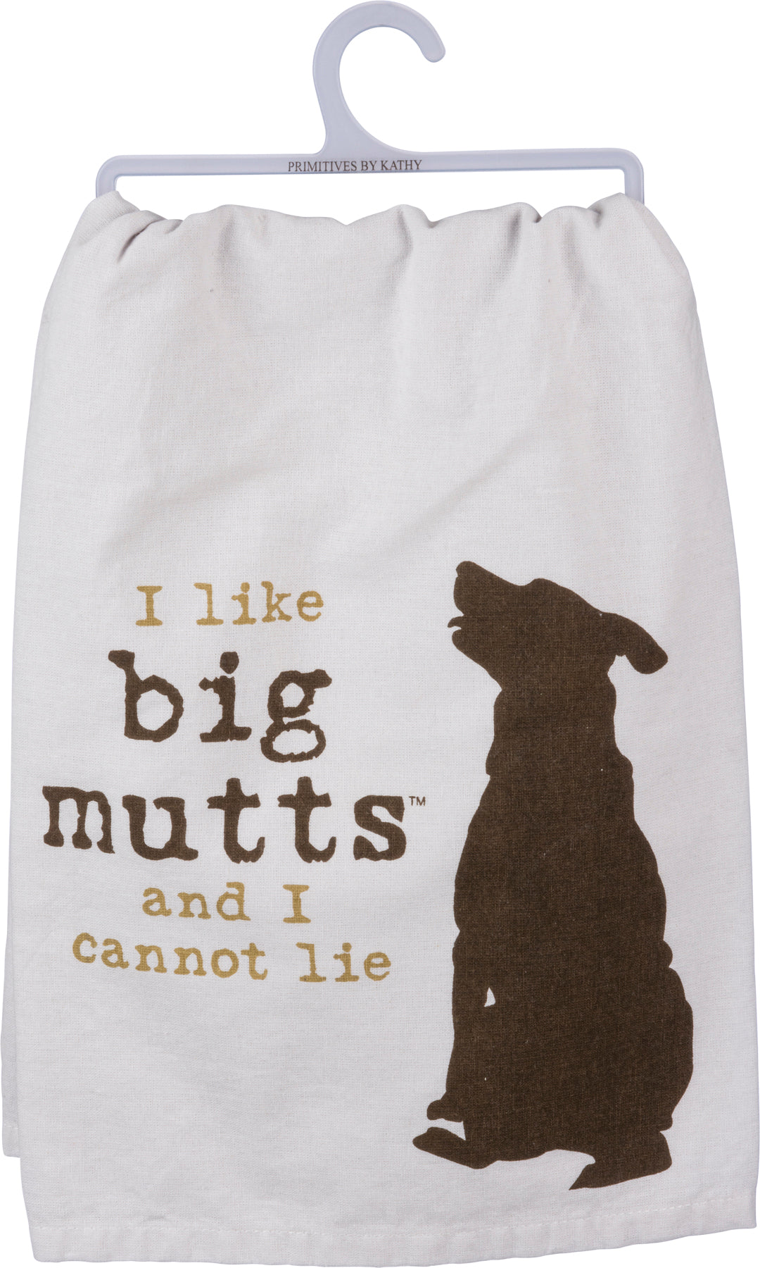 kitchen flour sack tea towel says I like Big mutts and I cannot lie and a large dog
