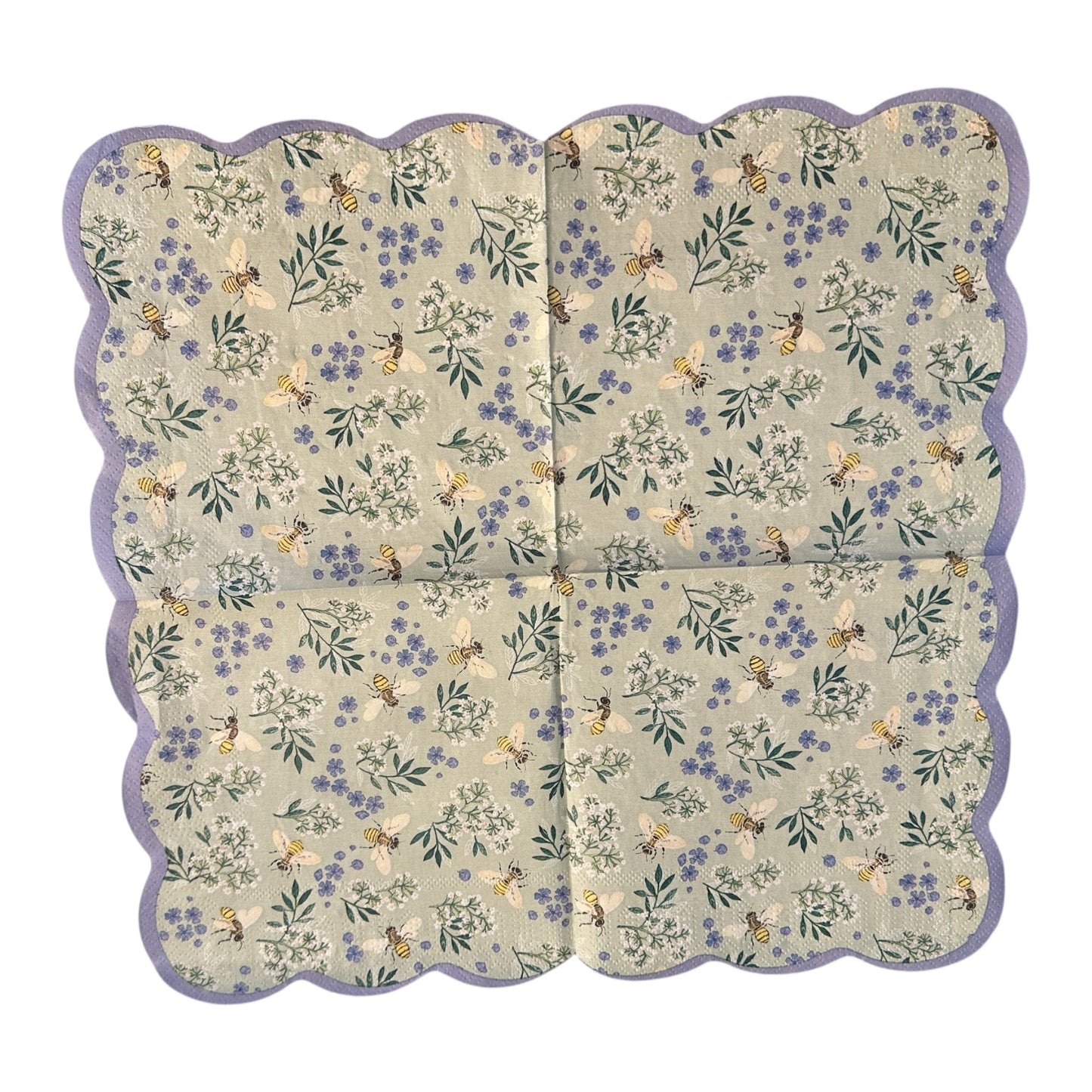 Bee and Floral Blue Decoupage Napkins – Shabby Chic Luncheon Size with Lavender Scalloped Border for Spring Crafts & Décor