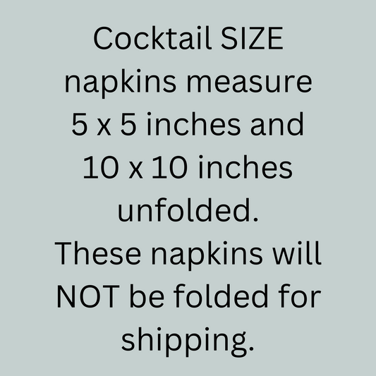 Text on a gray background describing cocktail size napkins with dimensions and shipping information.