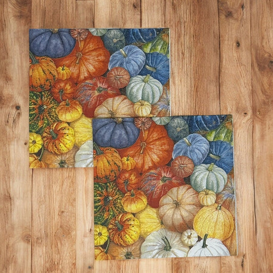 Servilletas con decoupage de calabaza de otoño, parches para Acción de Gracias, Halloween, naranja, amarillo y azul, cócteles, manualidades con papel, fabricación de tarjetas