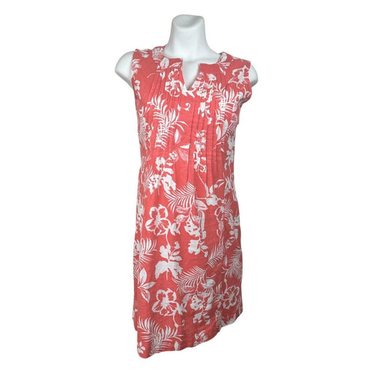 Chadwicks Dress Coral White Sleeveless Notch Tropical Floral Linen Blend PetiteS