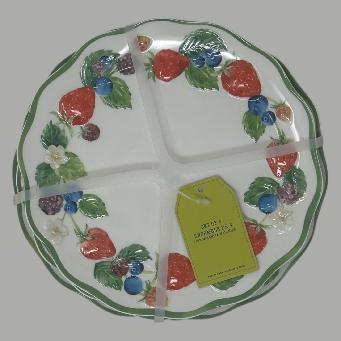 Primrose Vintage Berry Melamine 6.5" Dessert Plates Set of 4 Blueberries, Strawberries