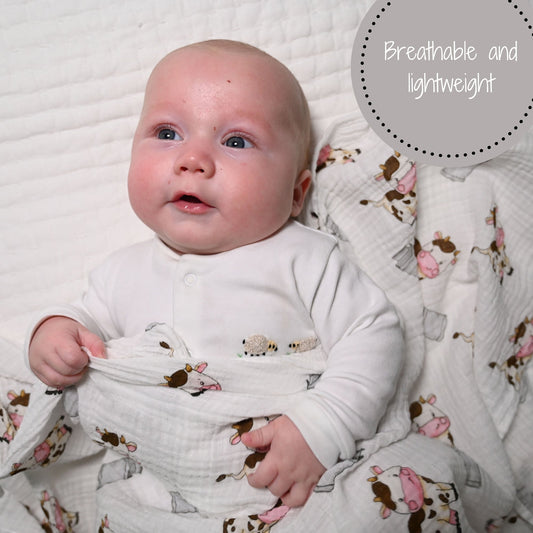 The Cow Goes MOO Farm Baby Muslin Swaddle Blanket
