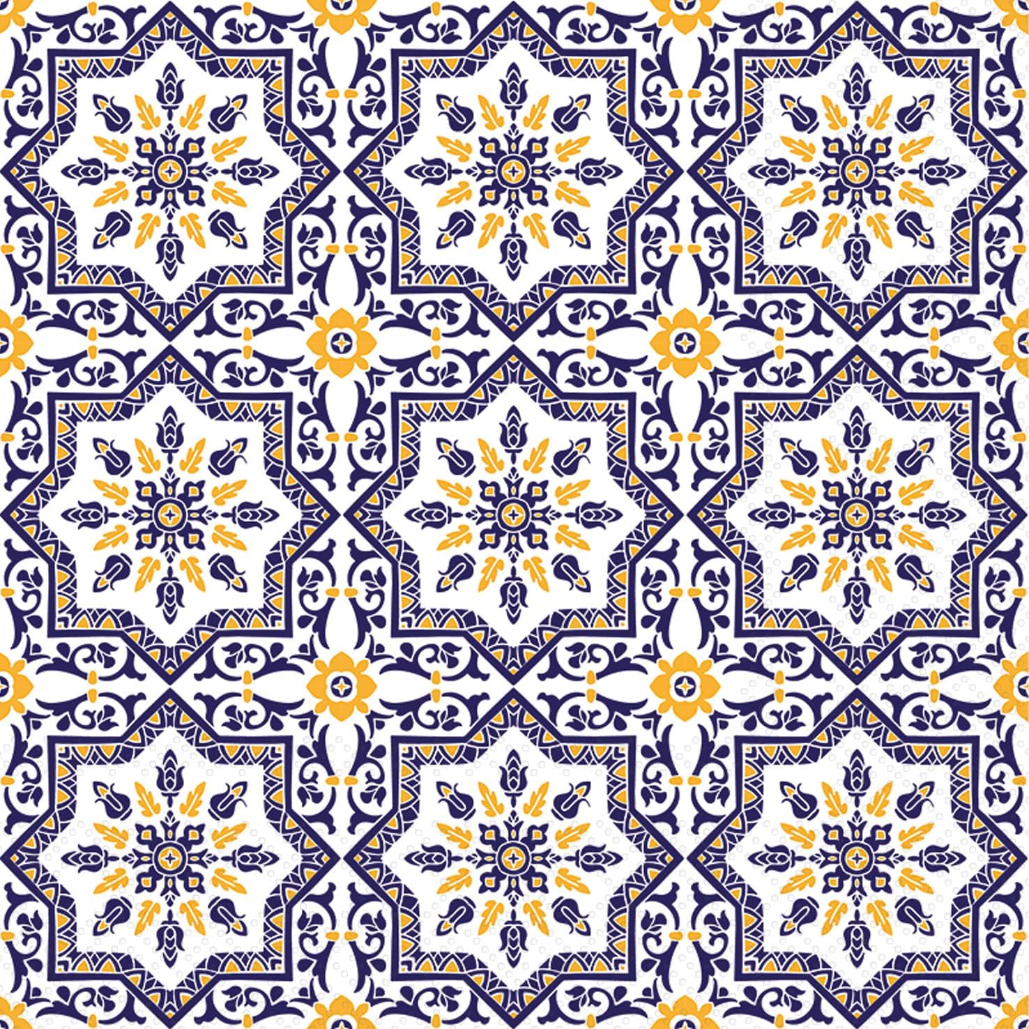 Close-up of navy and yellow geometric tile-pattern cocktail napkins from Boston International, showing repeating star and floral motifs on a white background.