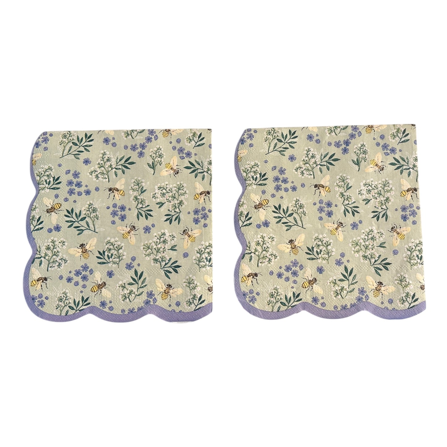 Bee and Floral Blue Decoupage Napkins – Shabby Chic Luncheon Size with Lavender Scalloped Border for Spring Crafts & Décor